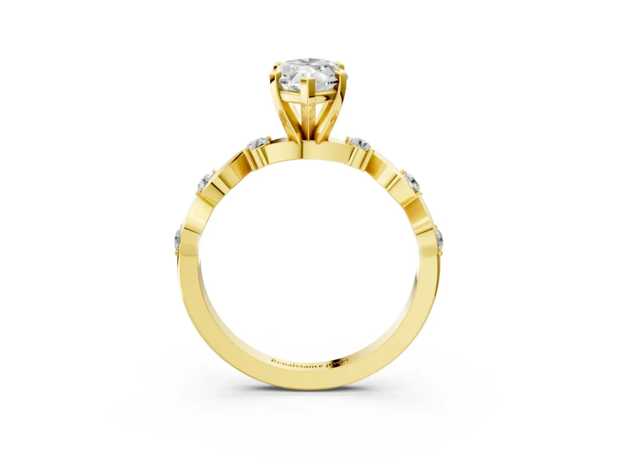 Marquise Cut Diamond Solitaire Twisted Band with Round Accents and Prong Setting Yellow gold