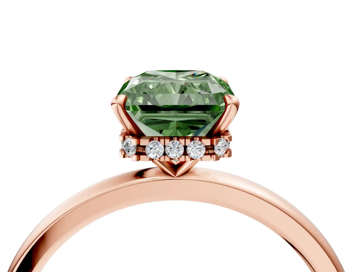 Fancy Green Radiant Cut Solitaire Engagement Ring with Cathedral Band and Four-Prong Setting Rose gold