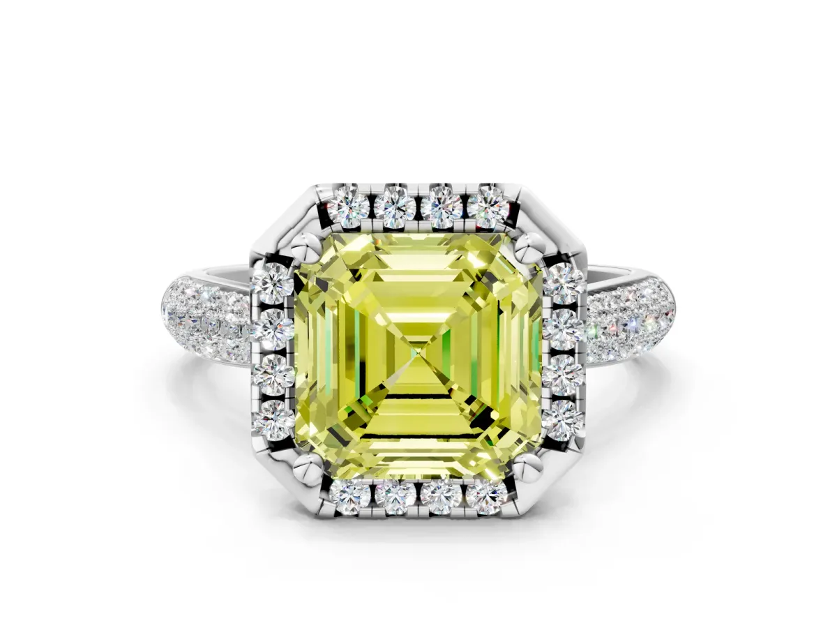 Fancy Yellow Asscher Cut Cut Halo Pave Band Four-Prong Setting Ring Platinum