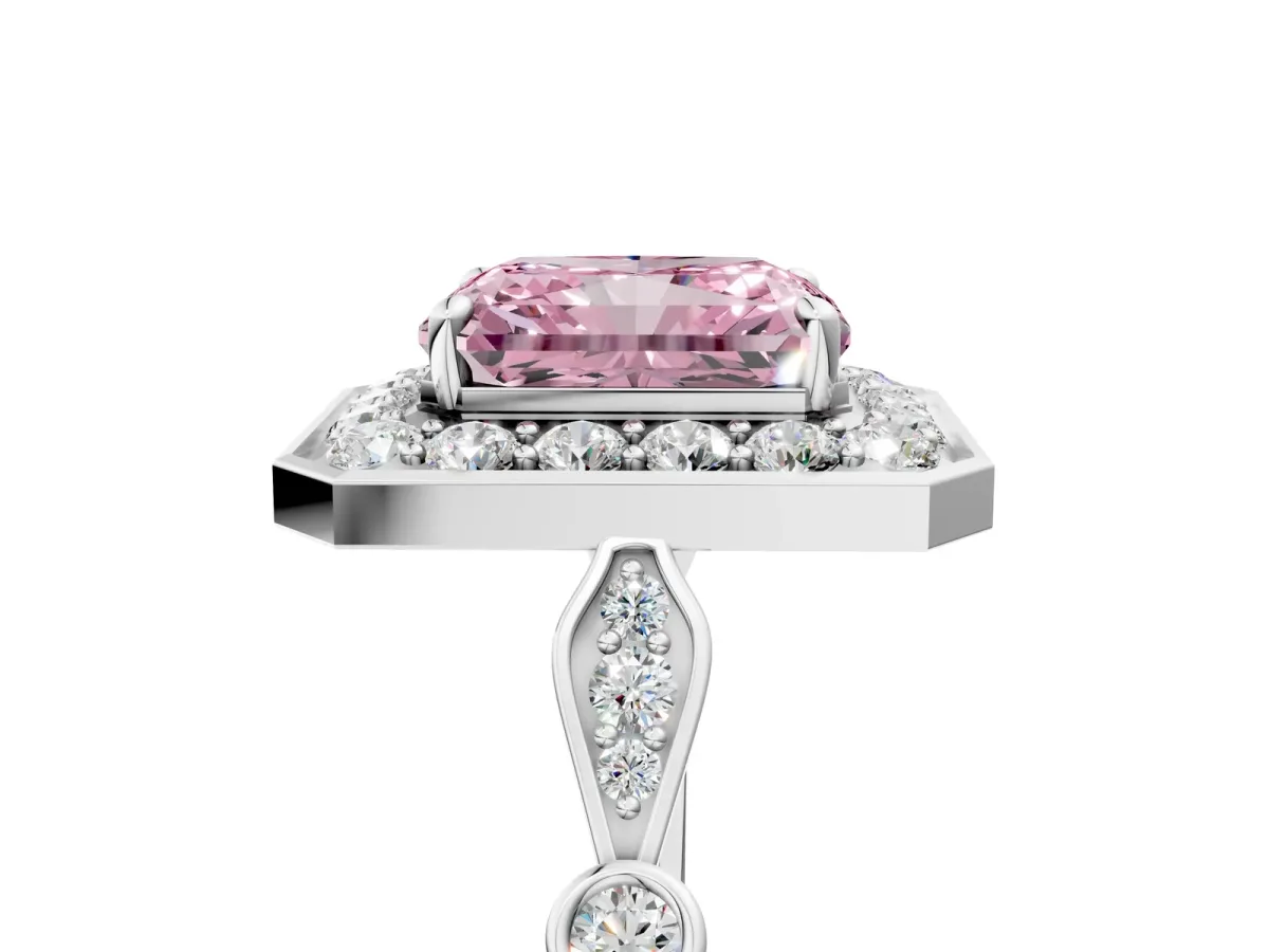 Fancy Pink Radiant Cut Halo Diamond Engagement Ring with Twisted Band and Four-Prong Setting Platinum