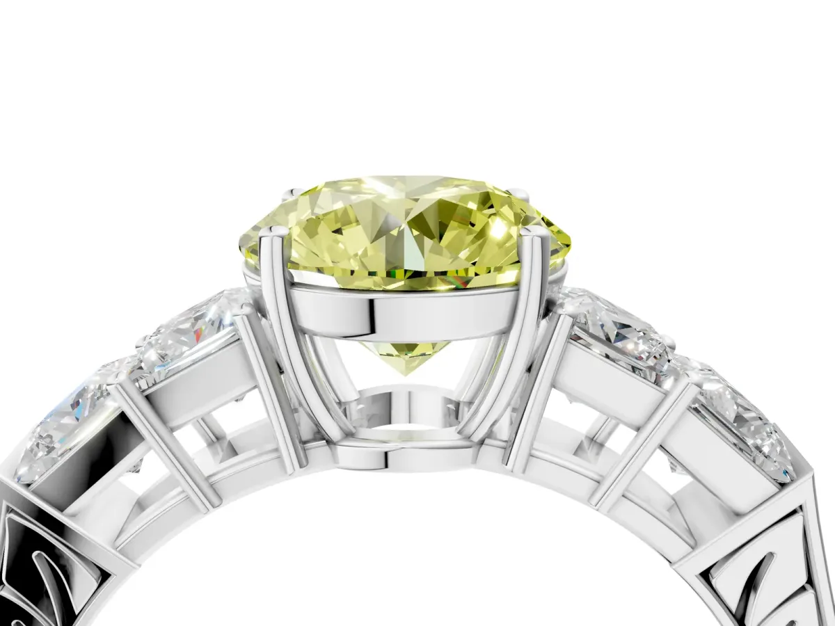 Fancy Yellow Round Cut Solitaire Princess Side Stone Engraved Band Prong Setting Ring Silver