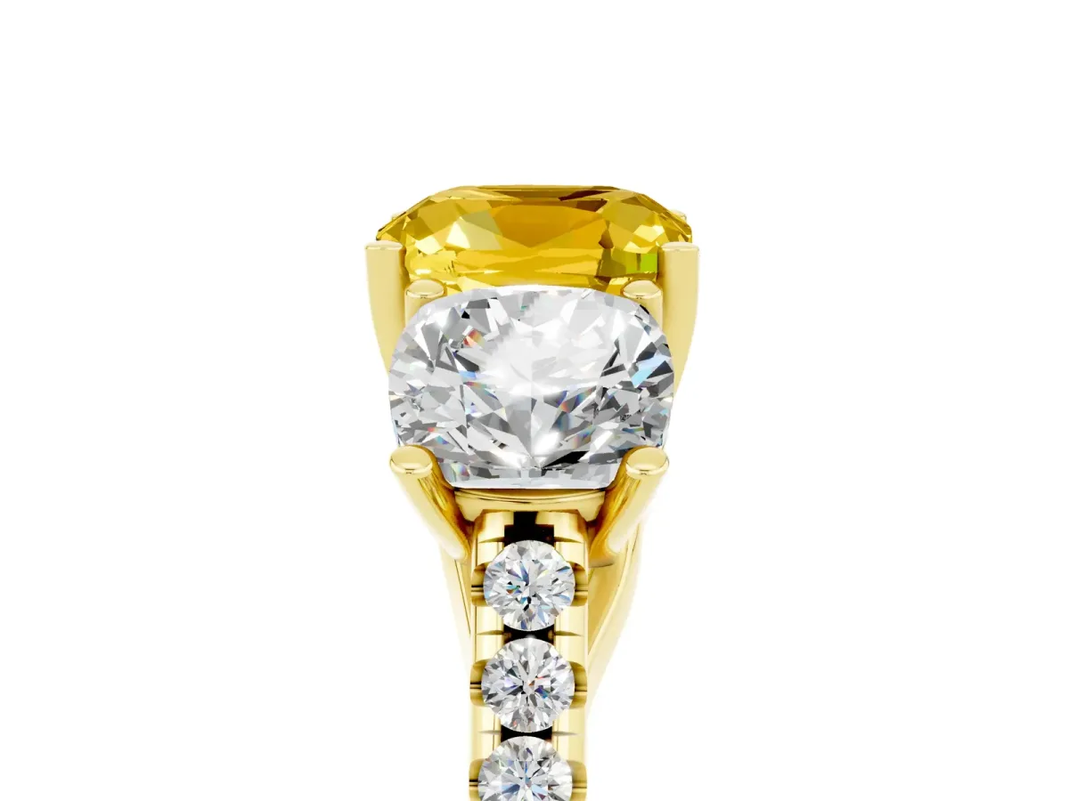 Three-Stone Cushion Cut Yellow Sapphire Ring with Round Pavé Band and Prong Setting Yellow gold