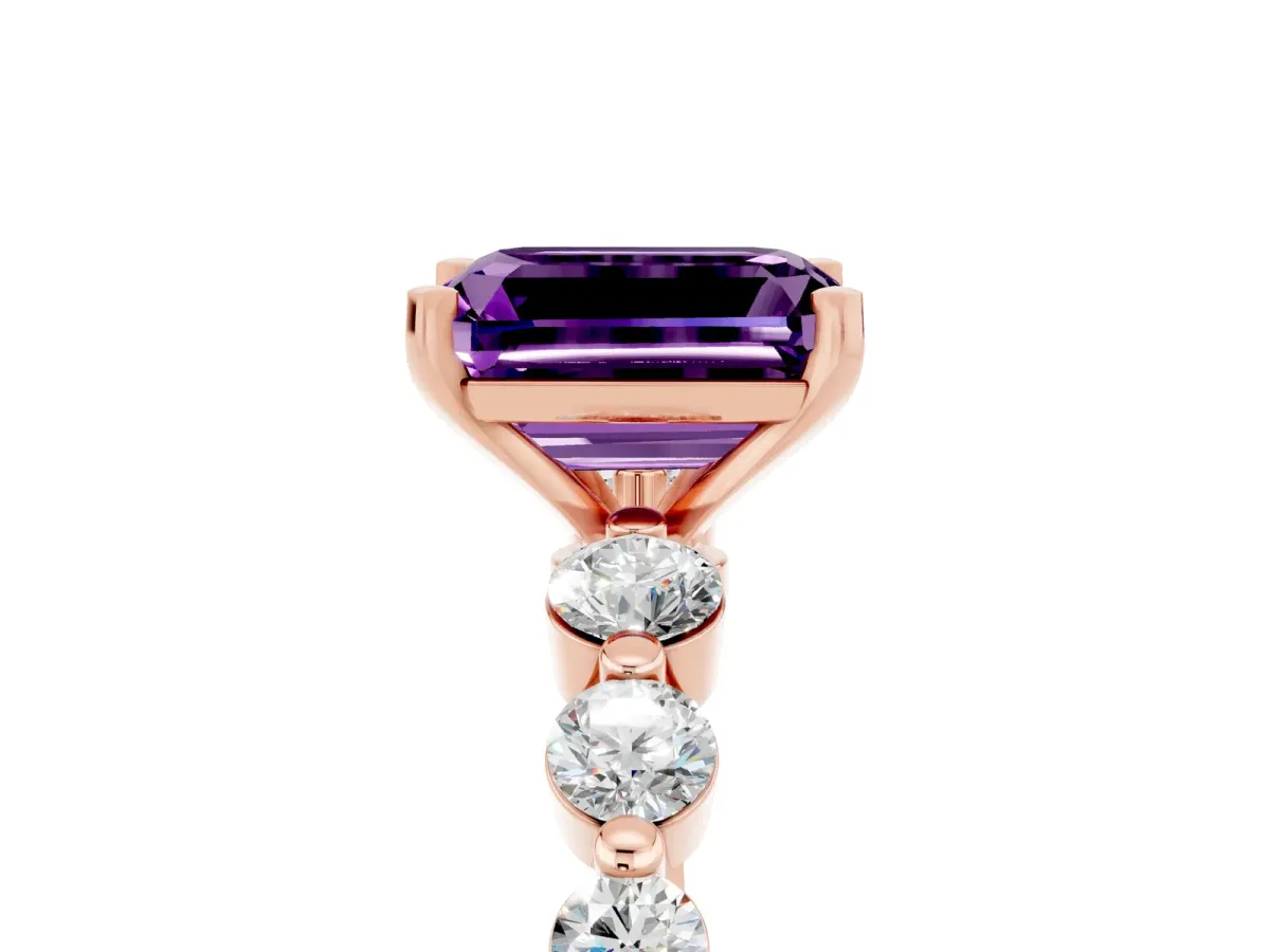 Emerald Cut Solitaire Amethyst Ring with Pave Band and Four-Prong Setting Rose gold