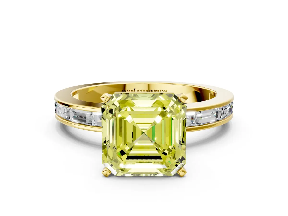 Fancy Yellow Asscher Cut Solitaire Diamond Ring with Channel-Set Baguette Band and Four-Prong Setting Yellow gold