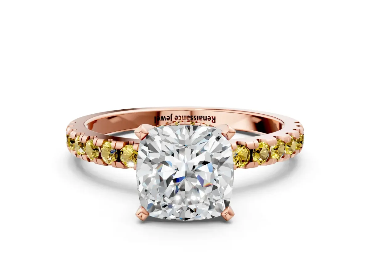 Cushion Cut Diamond Solitaire Ring with Round Yellow Sapphire Pavé Band and Four-Prong Setting Rose gold
