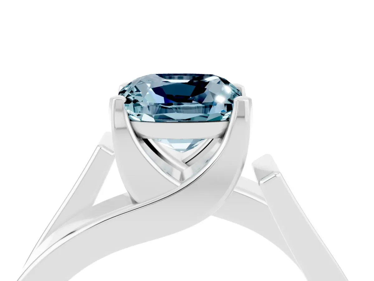 Modern Tension Set Cushion Cut Aquamarine Solitaire Wide Band Ring White gold