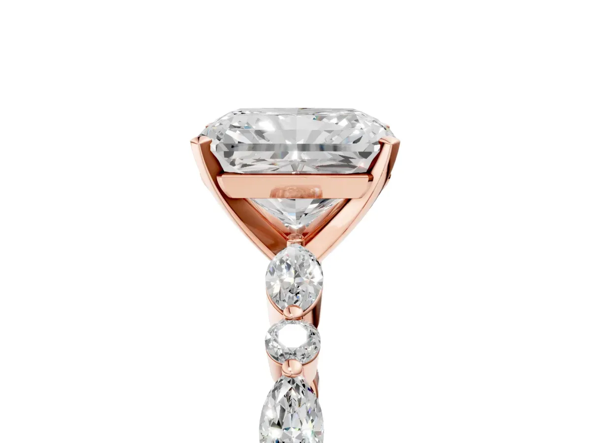 Radiant Cut Diamond Ring with Marquise and Round Side Stones and Four-Prong Setting Rose gold