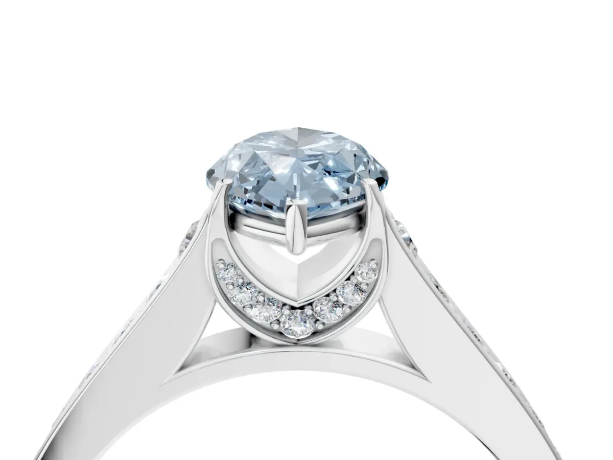 Fancy Blue Marquise Cut Brilliant Cut Diamond Engagement Ring with Pavé Band and Four-Prong Setting Platinum