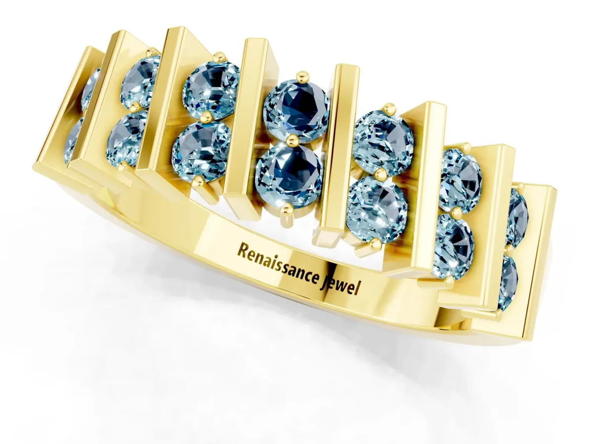 Channel Set Round Aquamarine Anniversary Band with Vertical Prongs Yellow gold