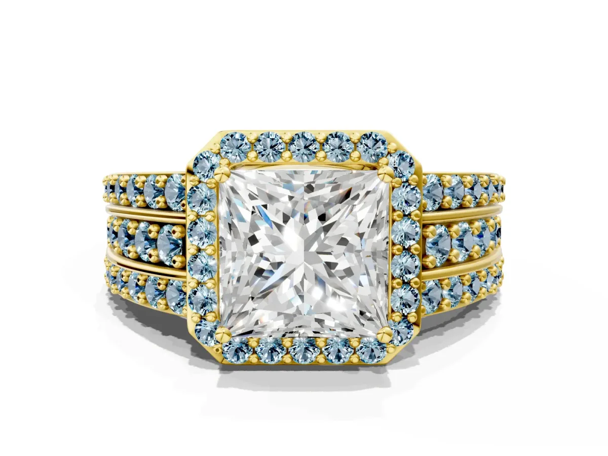 Princess Cut Halo Diamond Ring with Round Aquamarine Split Shank and Prong Setting Yellow gold