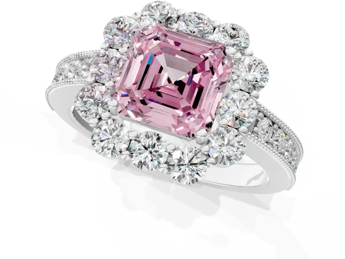 Fancy Pink Asscher Cut Cut Halo Diamond Pavé Engagement Ring with Milgrain Detailing Platinum