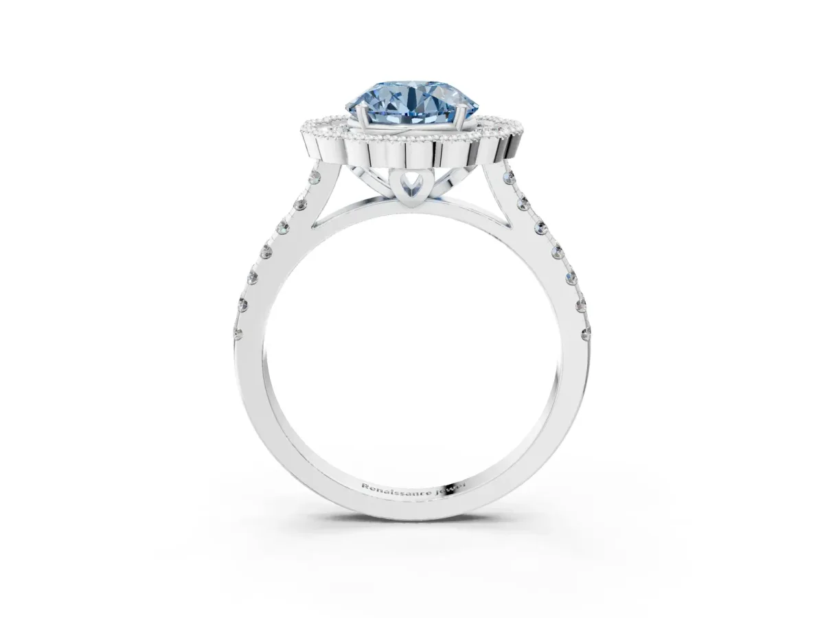 Fancy Blue Round Cut Cut Diamond Milgrain Floral Halo Engagement Ring with Pavé Band Silver