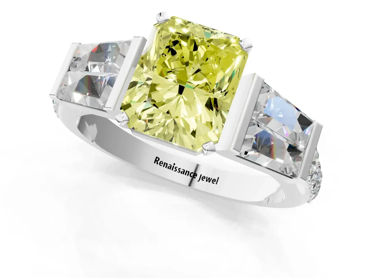 Fancy Yellow Radiant Cut Diamond Engagement Ring with Baguette Side Stones and Channel Set Band Platinum