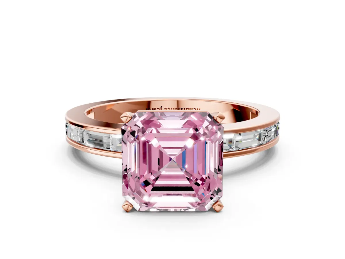 Fancy Pink Asscher Cut Solitaire Diamond Ring with Channel-Set Baguette Band and Four-Prong Setting Rose gold