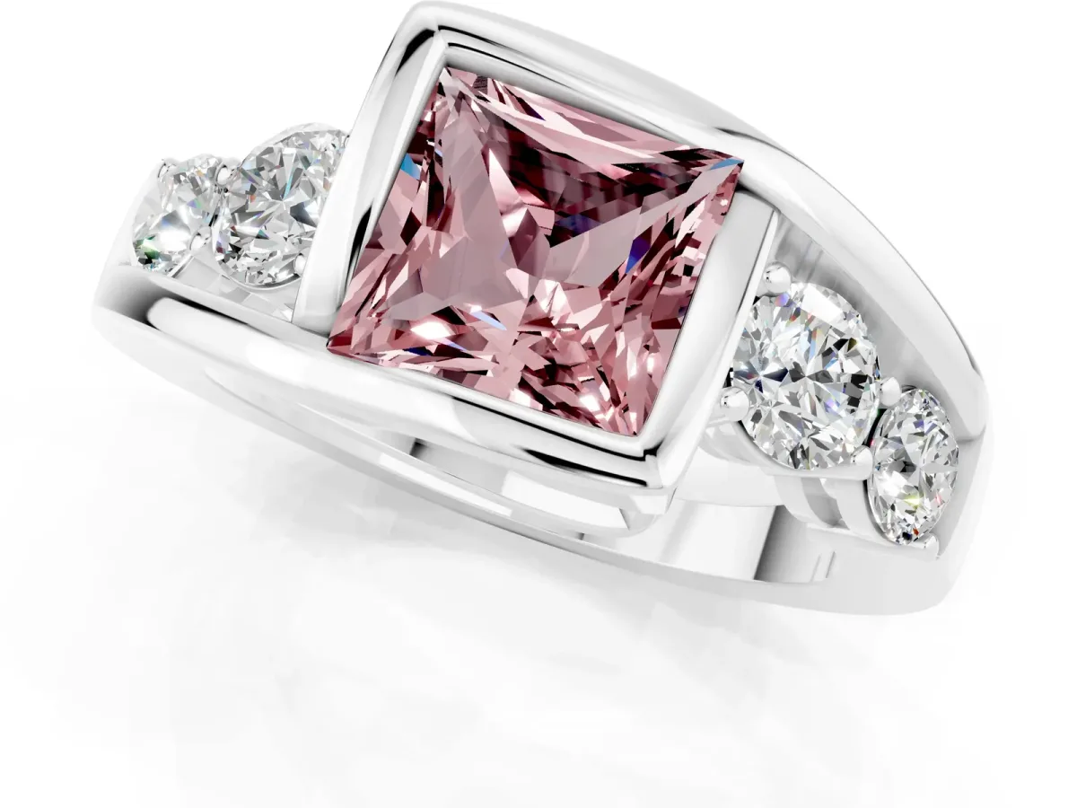 Bezel Set Princess Cut Morganite Bypass Ring with Round Accents Silver