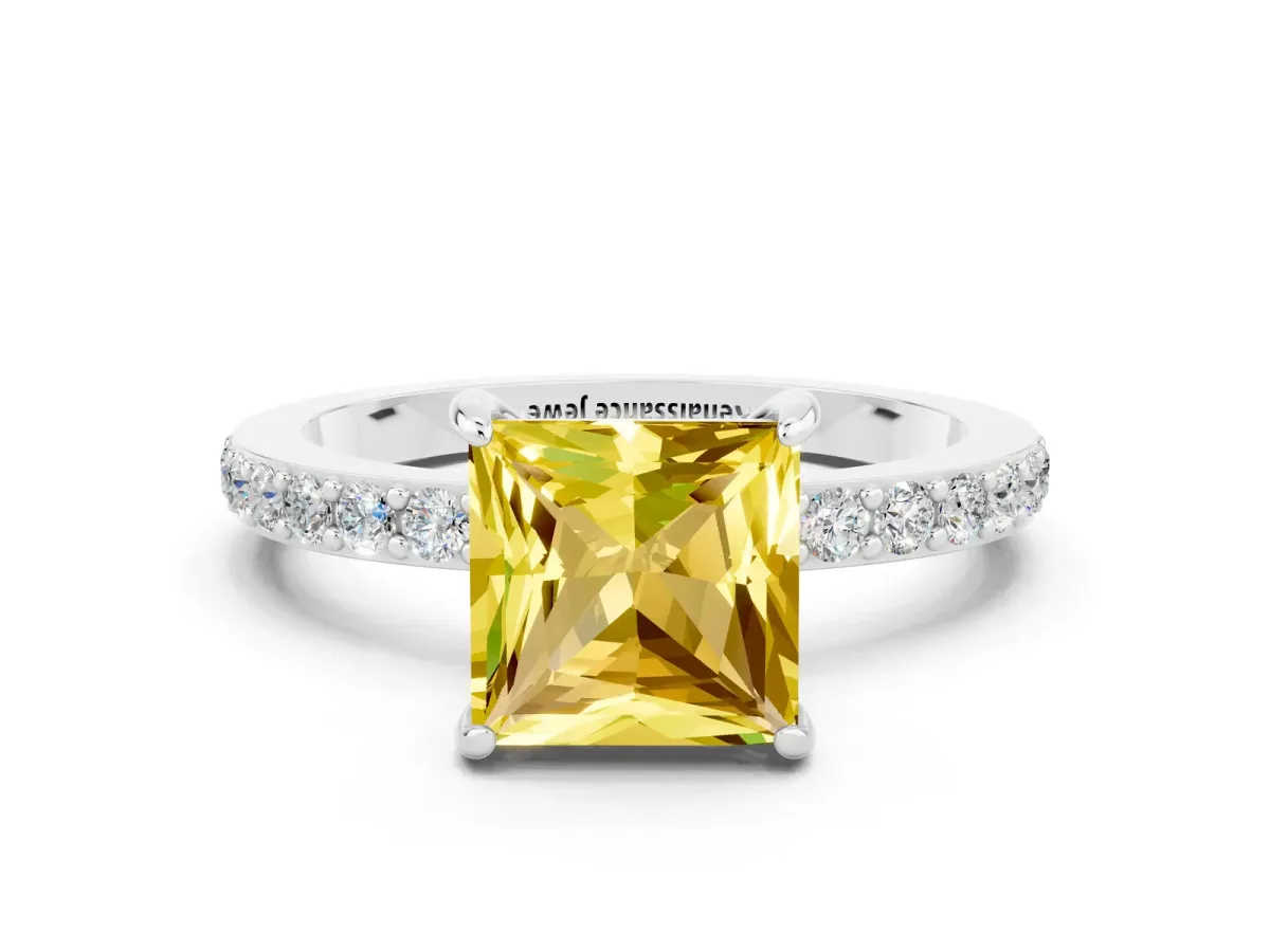 Princess Cut Yellow Sapphire Solitaire Engagement Ring with Pavé Band and Four-Prong Setting White gold