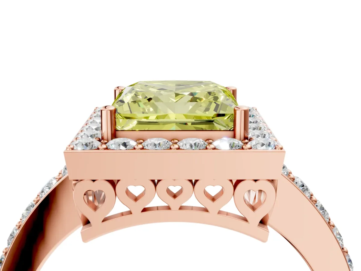 Fancy Yellow Princess Cut Halo Diamond Pavé Band Ring with Prong Setting Rose gold