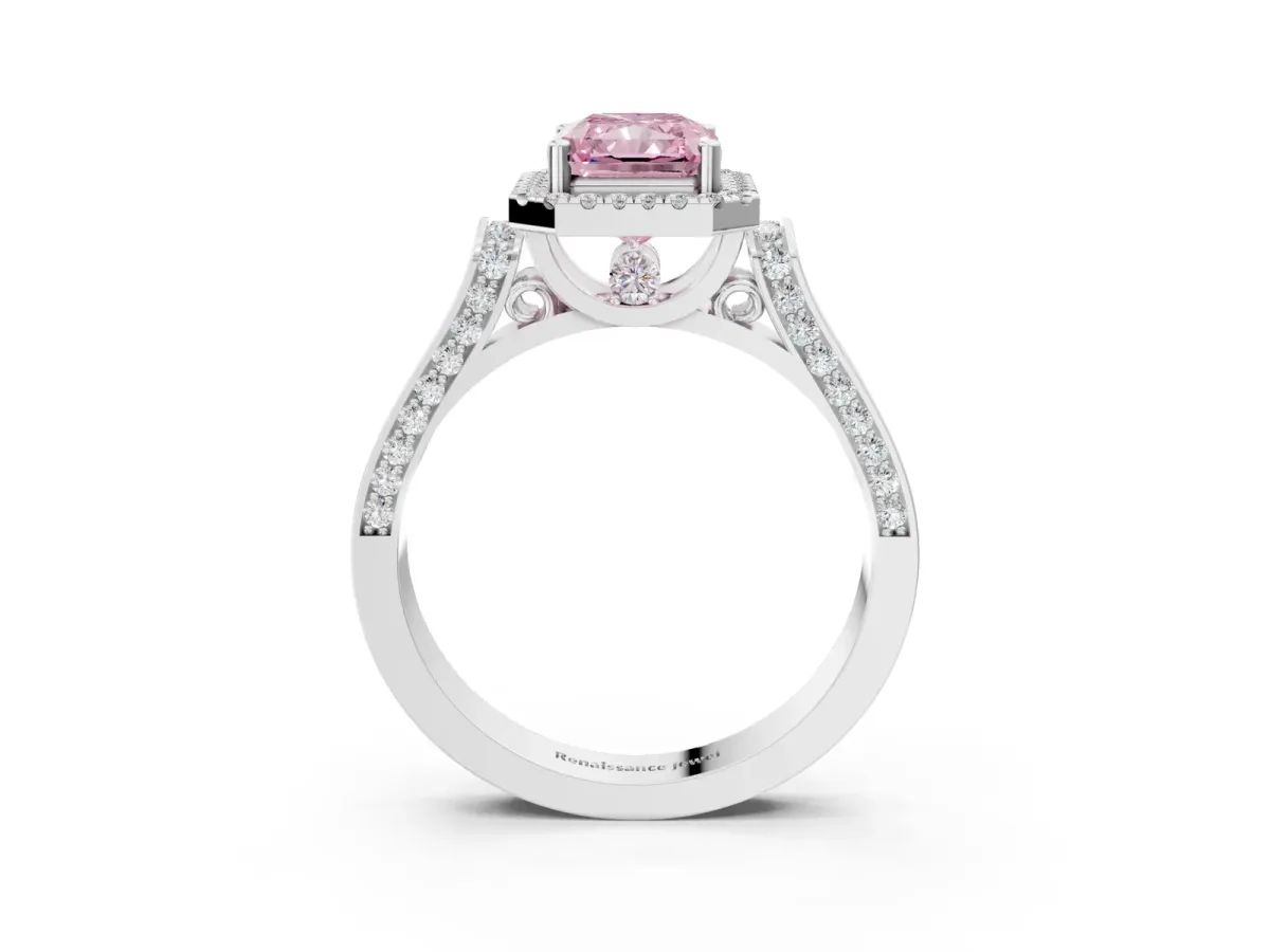 Fancy Pink Radiant Cut Halo Pave Split Shank Prong Setting Ring Platinum