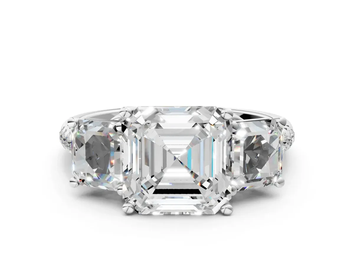 Three-Stone Asscher Cut Diamond Ring with Round Pavé Band and Prong Setting Platinum