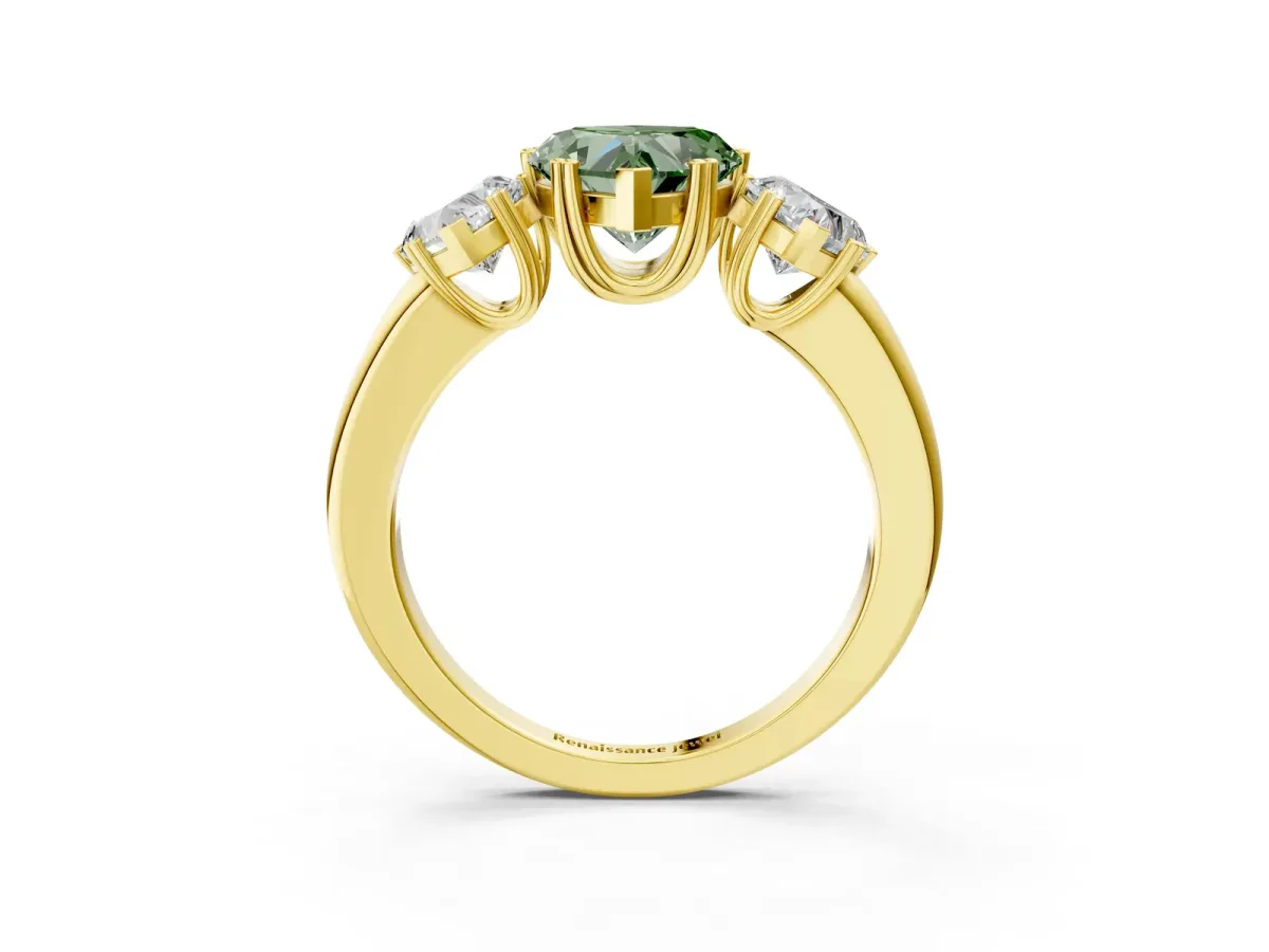 Fancy Green Three-Stone Heart Cut Cut Diamond Ring with Channel Set Band and Four-Prong Setting Yellow gold