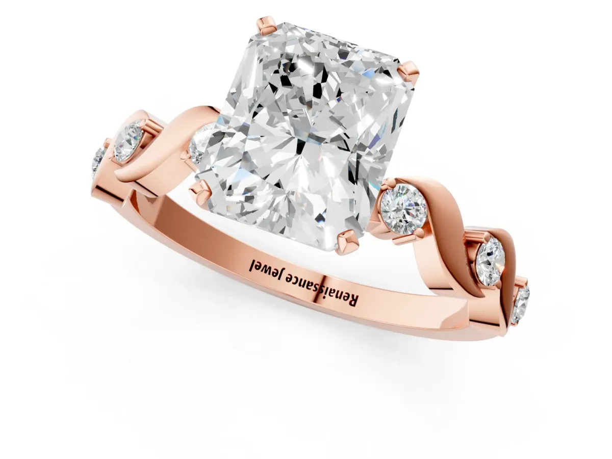 Radiant Cut Diamond Solitaire Twisted Band with Round Accents and Prong Setting Rose gold