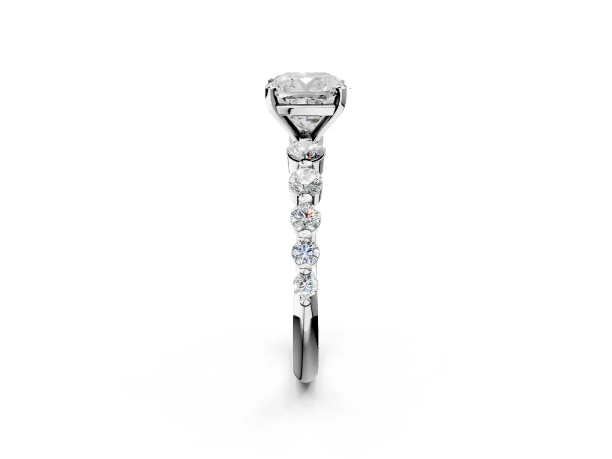 Cushion Cut Solitaire Diamond Ring with Pave Band and Four-Prong Setting Platinum