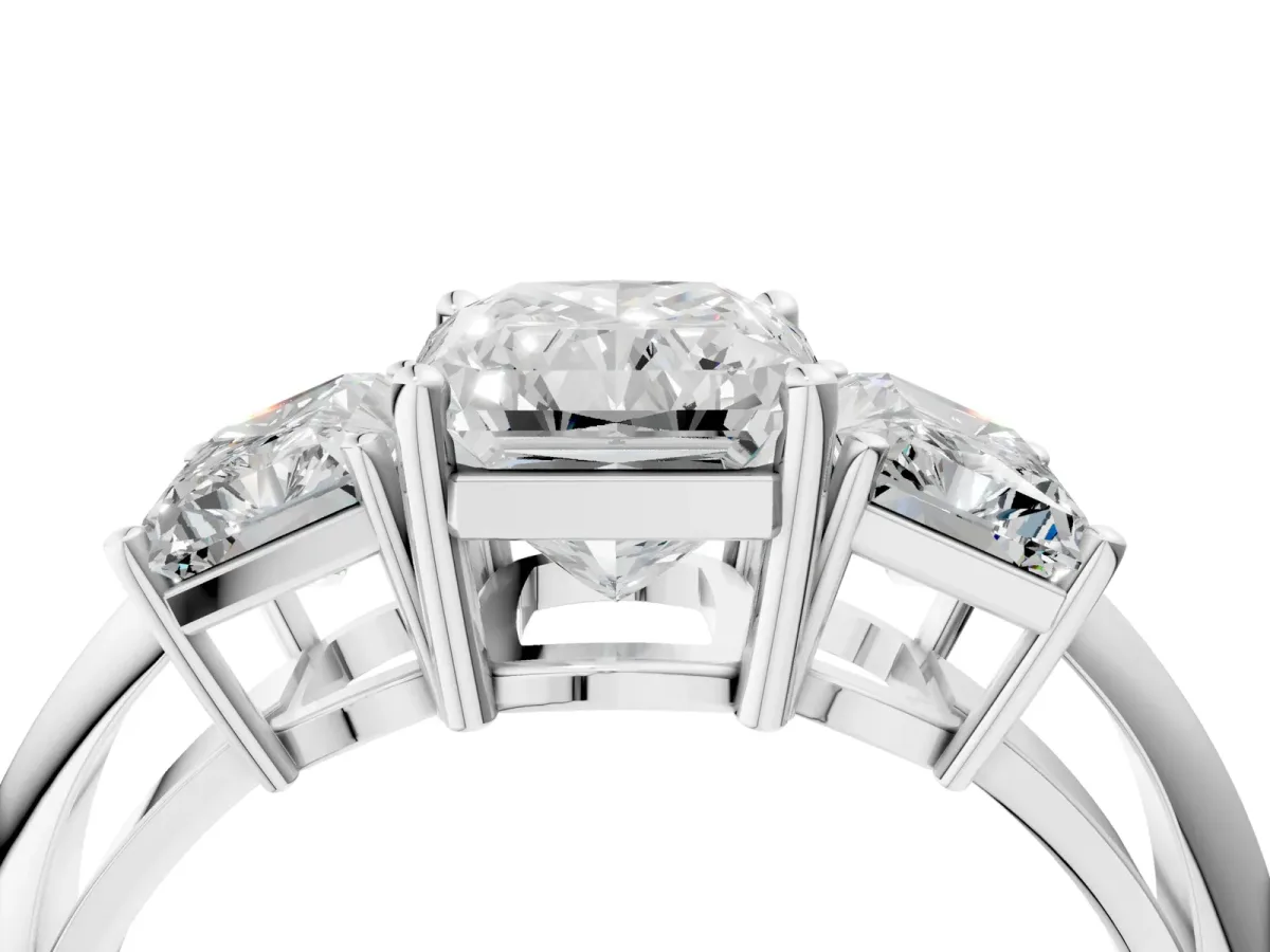 Three-Stone Radiant Cut Cut Diamond Engagement Ring with Prong Setting on a White Gold Band Silver