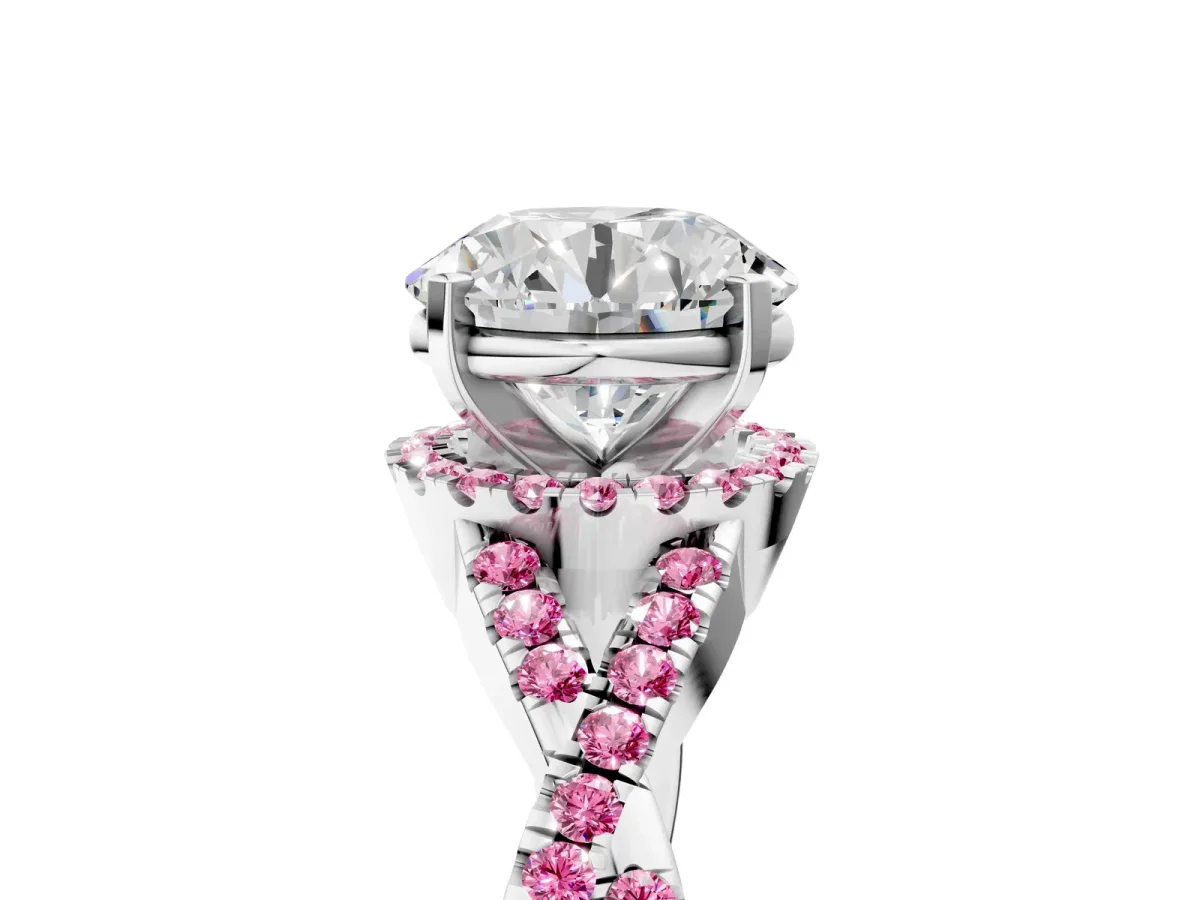 Round Cut Diamond Pink Sapphire Halo Twist Band Solitaire Prong Setting Ring White gold
