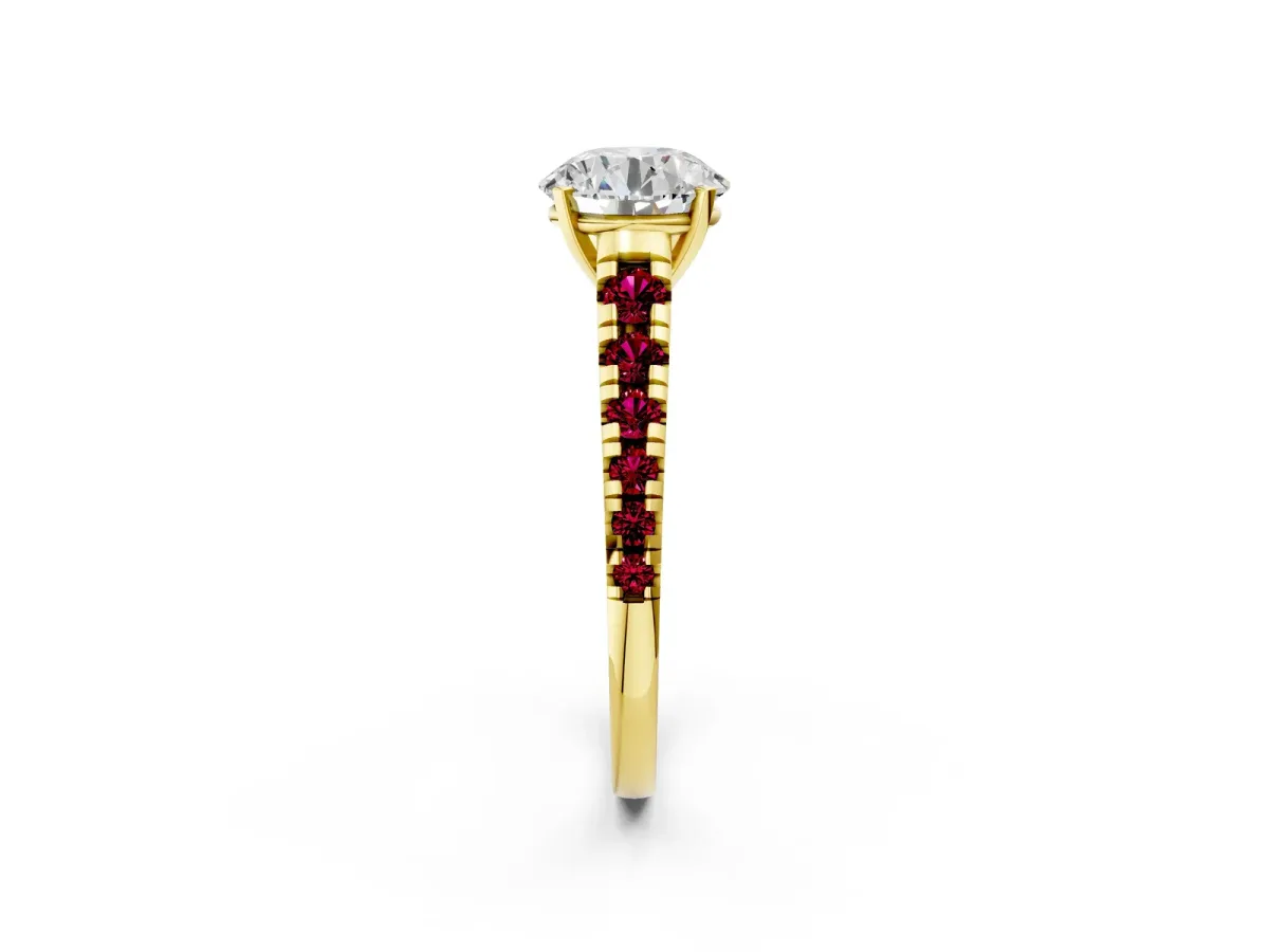Round Cut Diamond Cathedral Solitaire Ring with Round Garnet Pavé Band Yellow gold