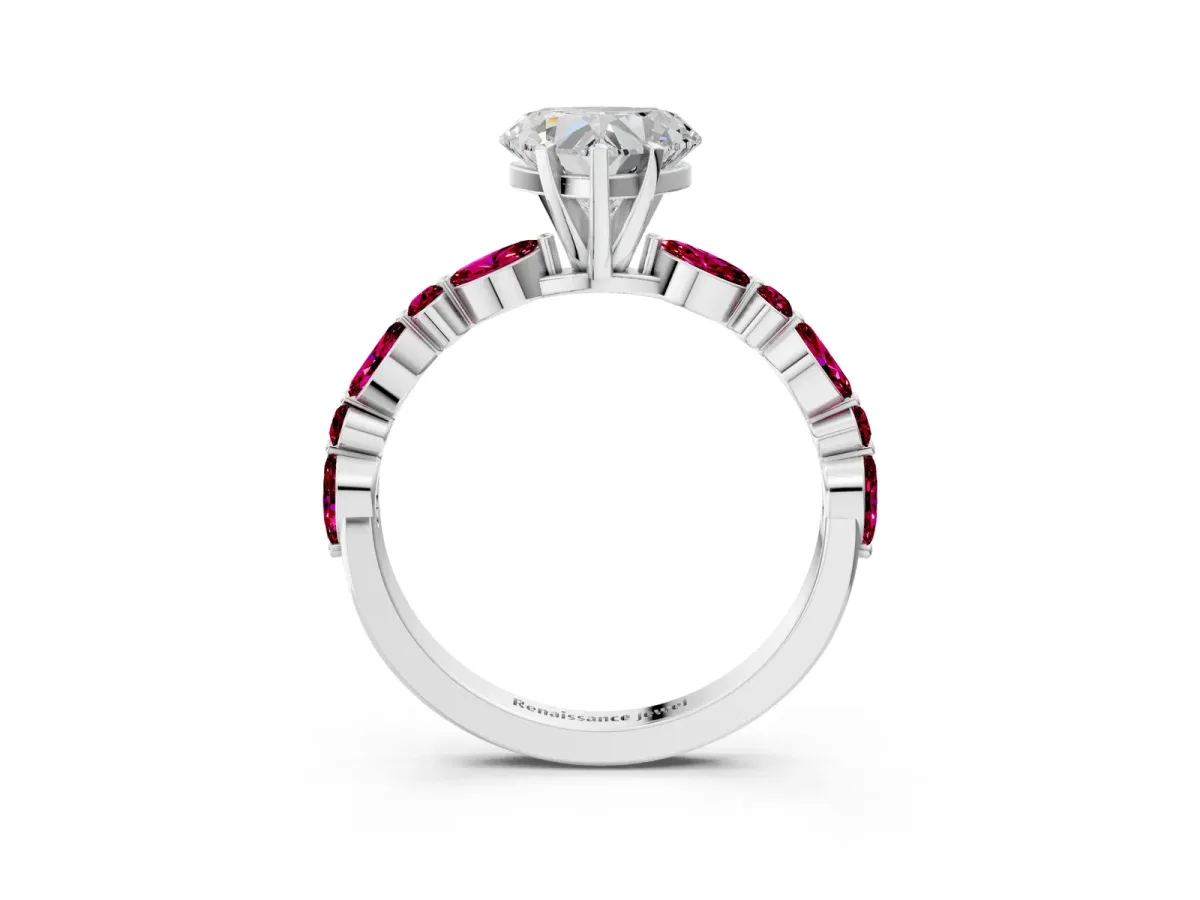 Heart Cut Diamond Ring with Marquise and Round Garnet Side Stones and Four-Prong Setting White gold