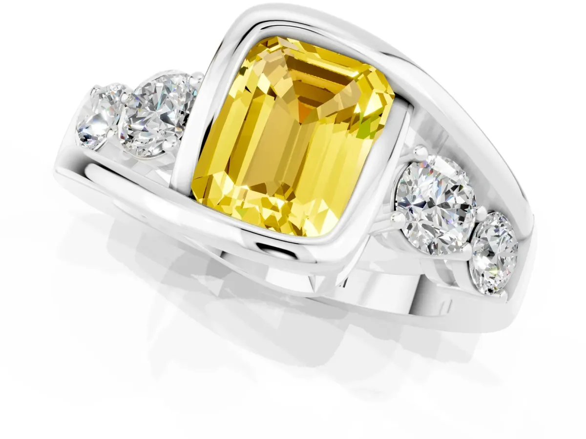 Bezel Set Emerald Cut Yellow Sapphire Bypass Ring with Round Accents Silver