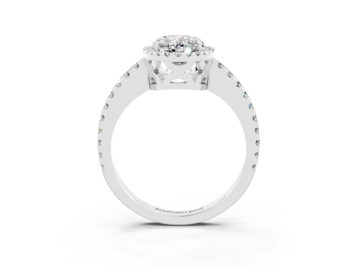 Oval Cut Moissanite Halo Engagement Ring with Pavé Band and Prong Setting White gold