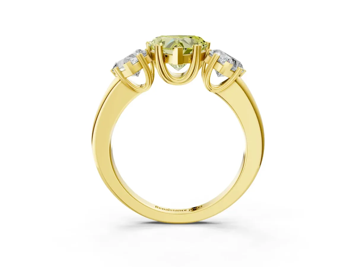 Fancy Yellow Three-Stone Heart Cut Cut Diamond Ring with Channel Set Band and Four-Prong Setting Yellow gold