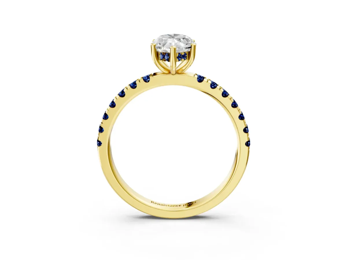 Marquise Cut Diamond Pave Band Solitaire Ring with Round Blue Sapphire and Prong Setting Yellow gold
