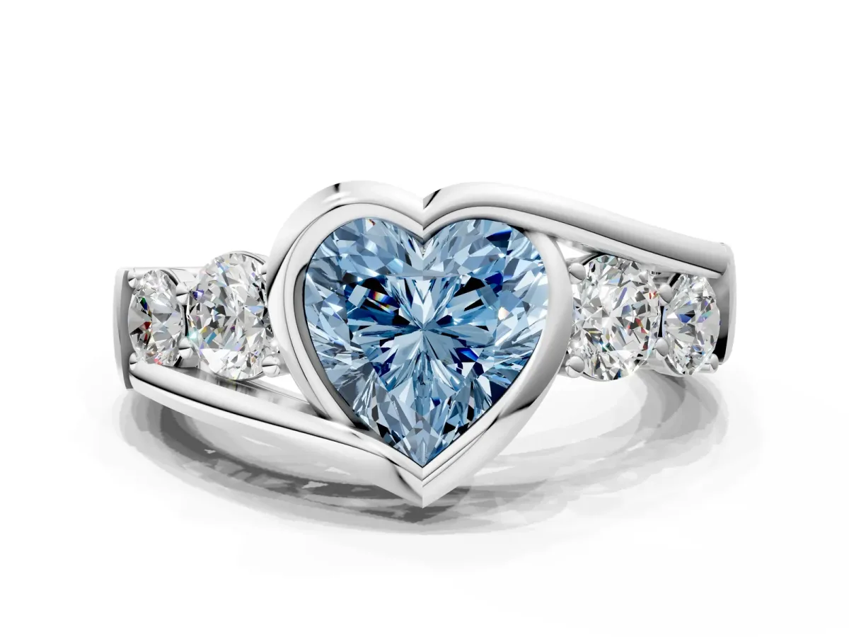 Fancy Blue Bezel Set Heart Cut Diamond Bypass Ring with Round Accents Silver