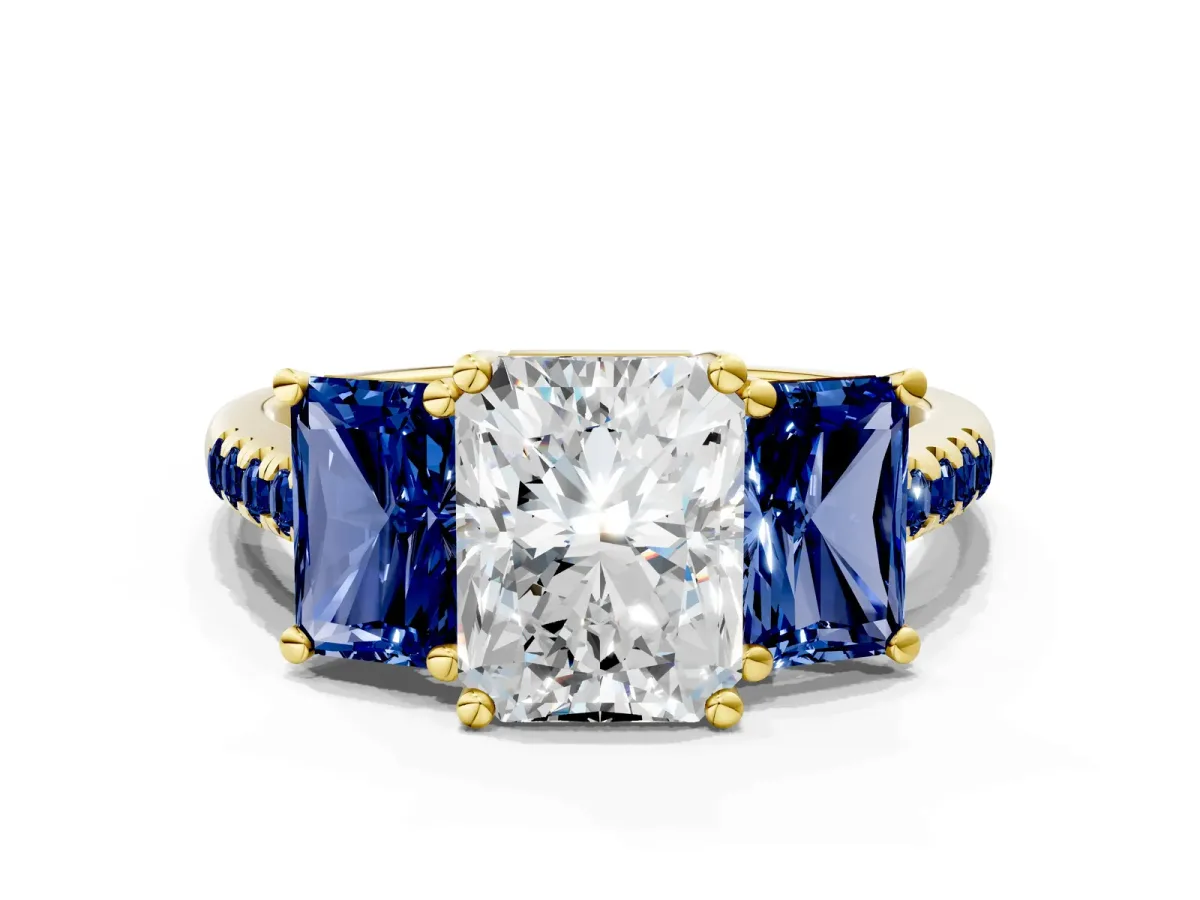 Three-Stone Radiant Cut Diamond Ring with Round Blue Sapphire Pavé Band and Prong Setting Yellow gold