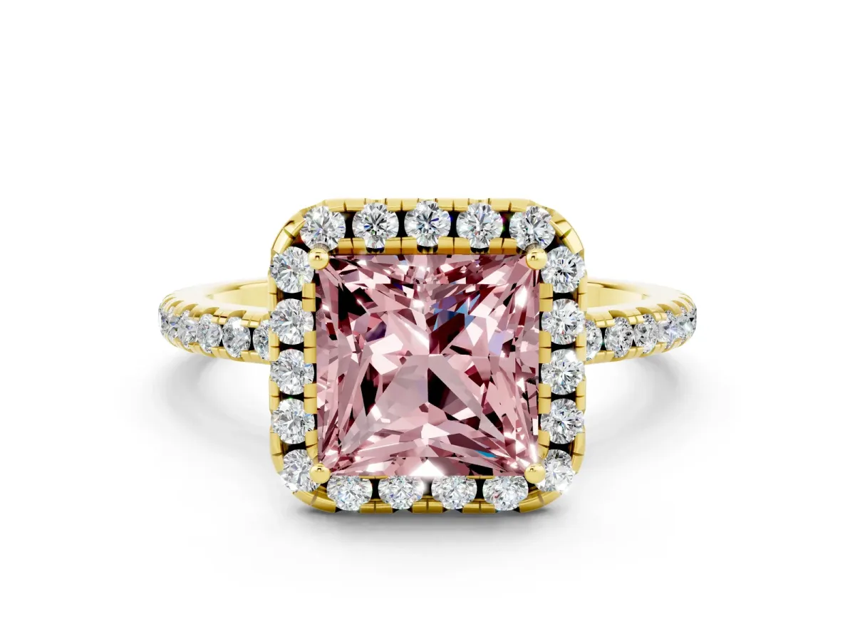 Princess Cut Morganite Halo Ring with Round Pavé Band and Prong Setting Yellow gold