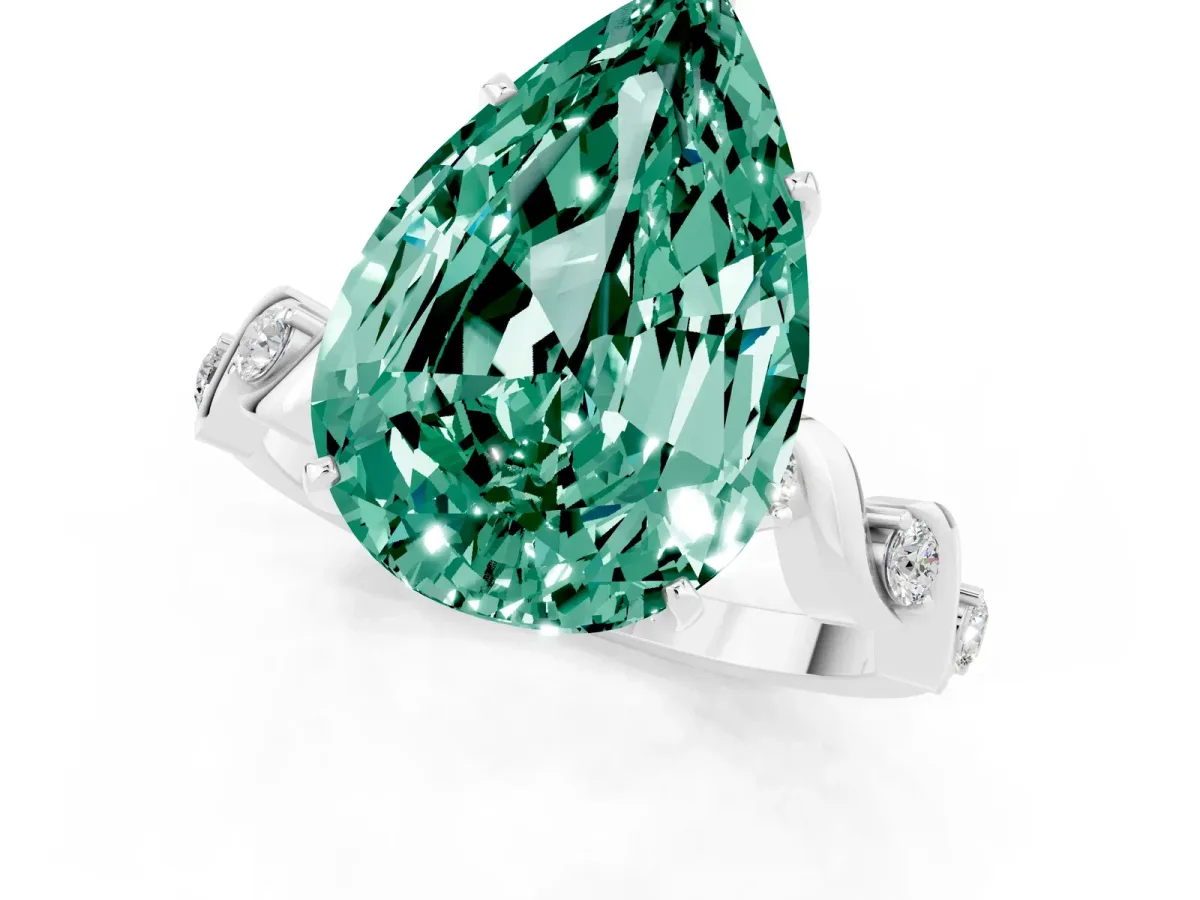 Pear Cut Green Sapphire Solitaire Twisted Band with Round Accents and Prong Setting White gold