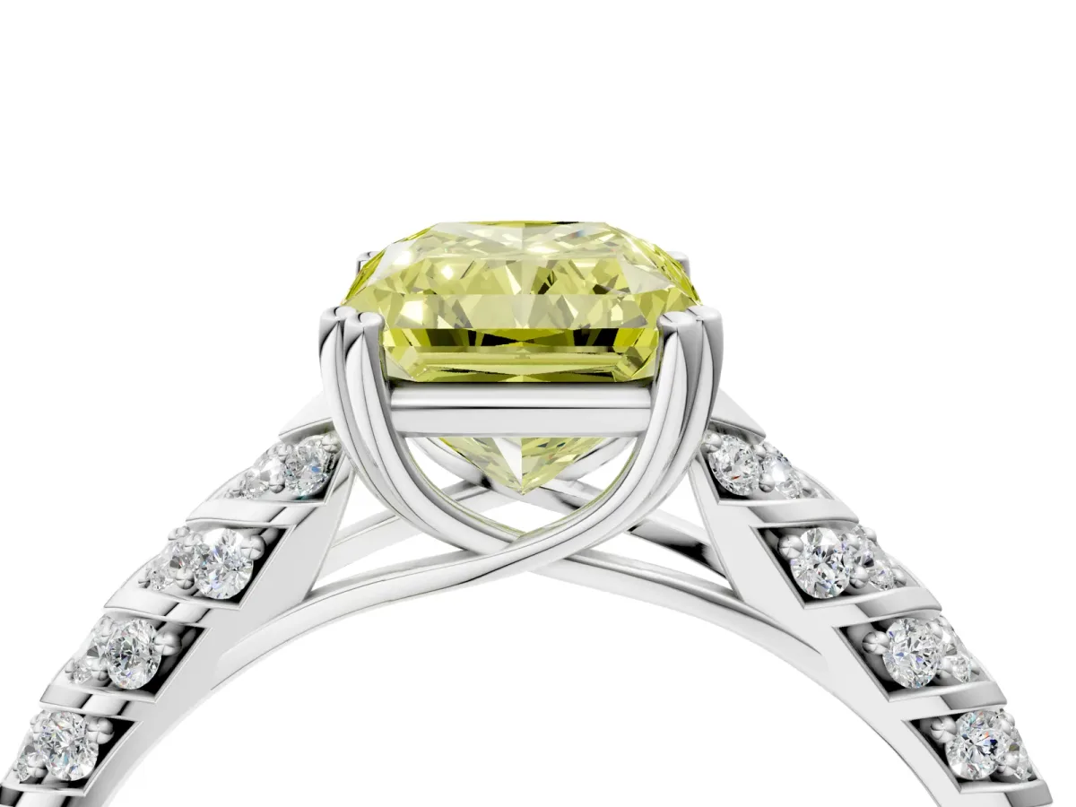 Fancy Yellow Radiant Cut Solitaire Chevron Pave Diamond Engagement Ring with Six-Prong Setting Platinum