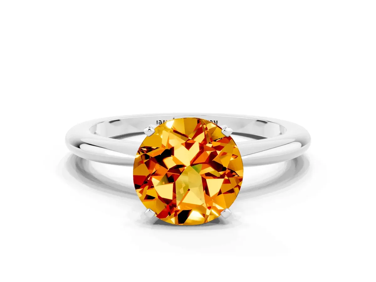 Round Cut Citrine Solitaire Ring with Six-Prong Setting and Classic Band Platinum