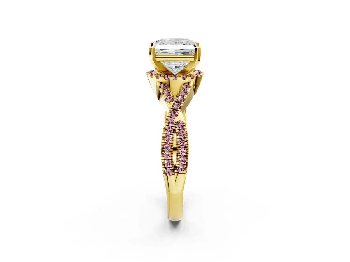 Princess Cut Diamond Morganite Halo Twist Band Solitaire Prong Setting Ring Yellow gold