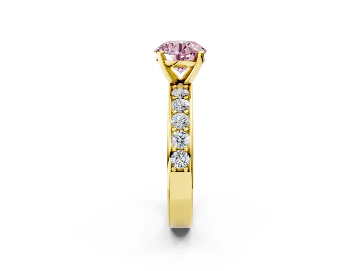 Fancy Pink Round Cut Diamond Engagement Ring with Channel Set Round Band and Prong Setting Yellow gold