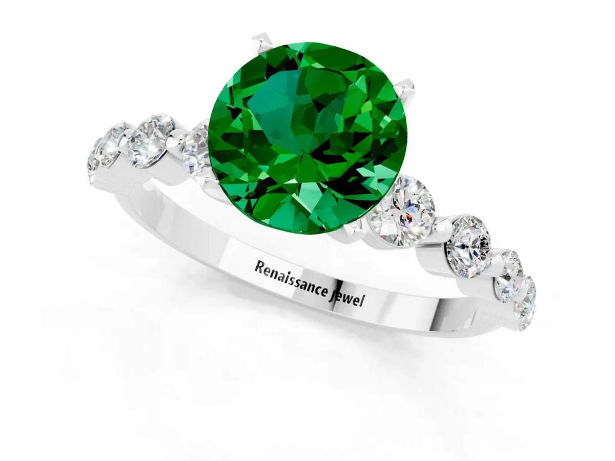 Round Cut Solitaire Emerald Ring with Pave Band and Four-Prong Setting White gold