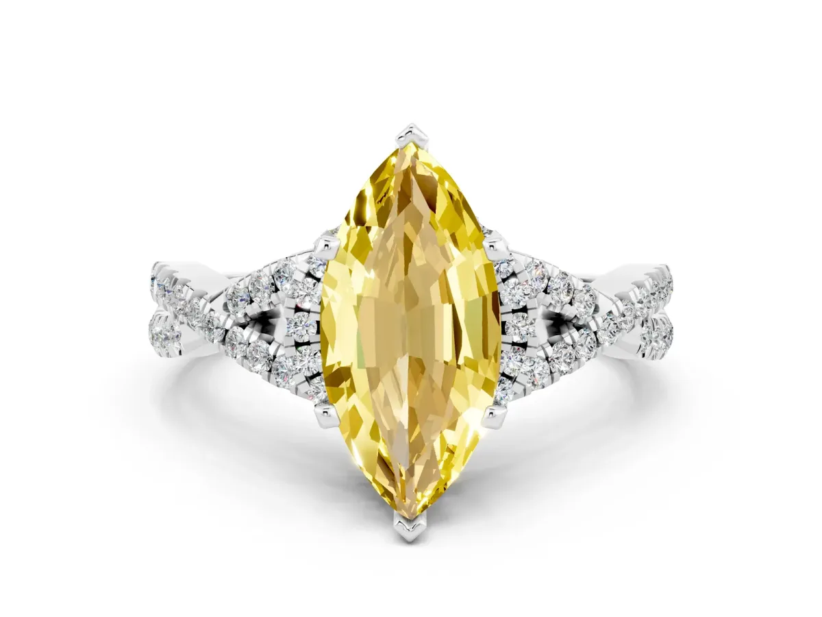 Marquise Cut Yellow Sapphire Halo Twist Band Solitaire Prong Setting Ring White gold