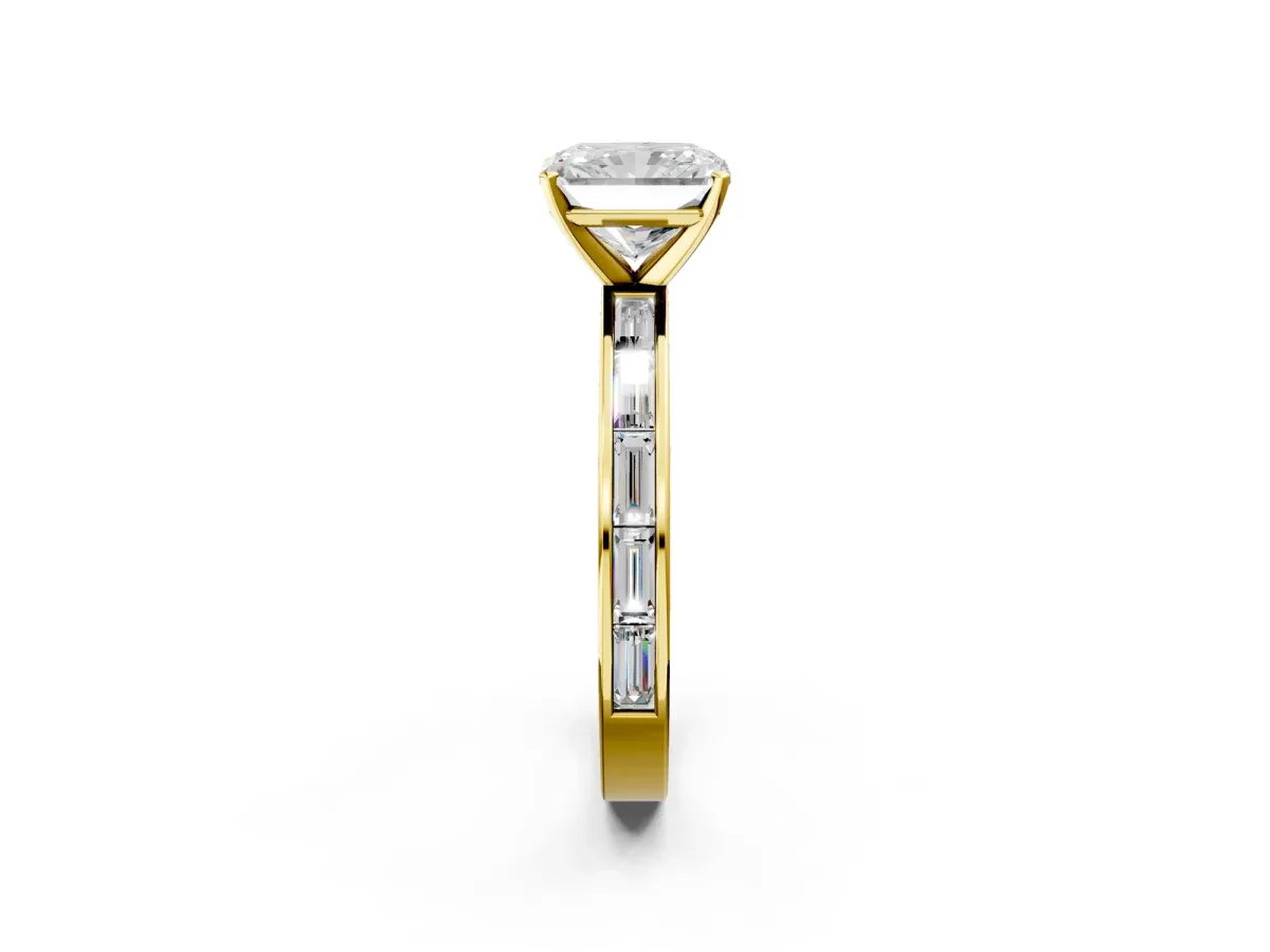 Radiant Cut Solitaire Diamond Ring with Channel-Set Baguette Band and Four-Prong Setting Yellow gold