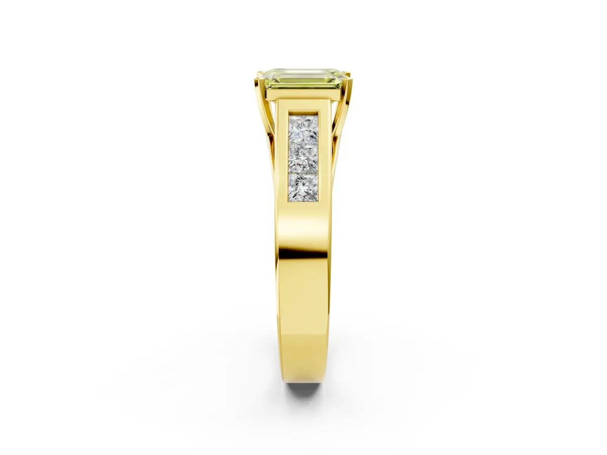 Fancy Yellow Emerald Cut Cut Channel Set Solitaire Ring with Four-Prong Setting Yellow gold