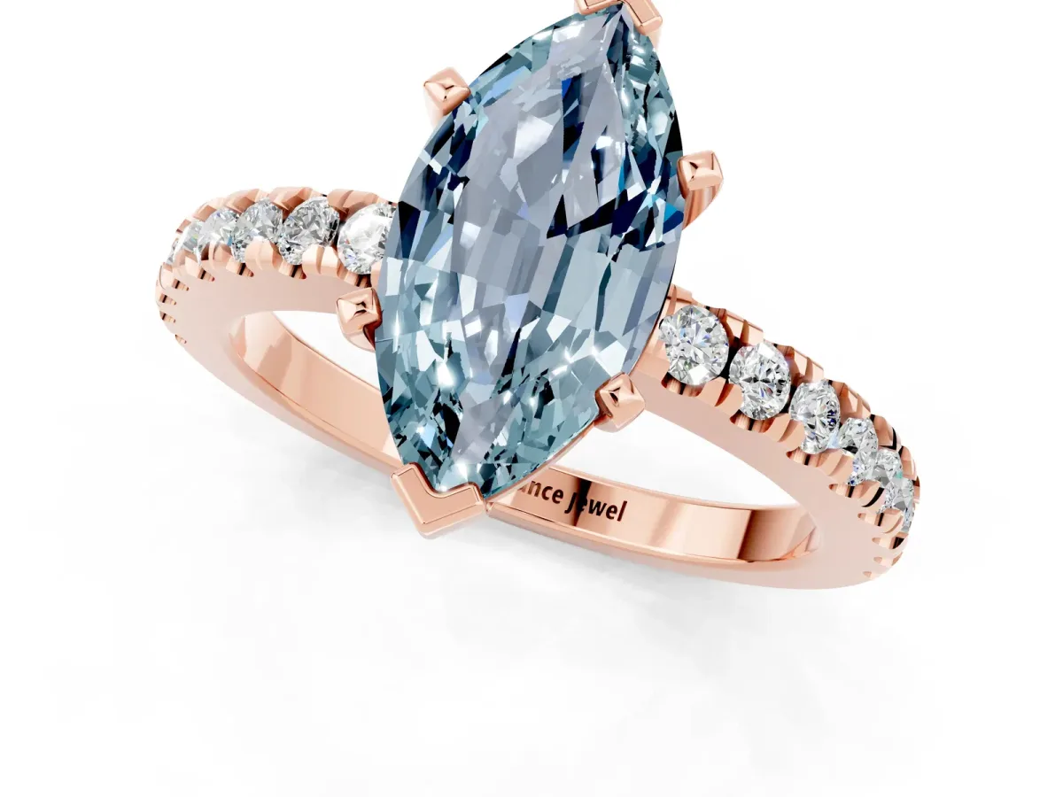 Marquise Cut Solitaire Aquamarine with Pavé Band and Four-Prong Setting Rose gold
