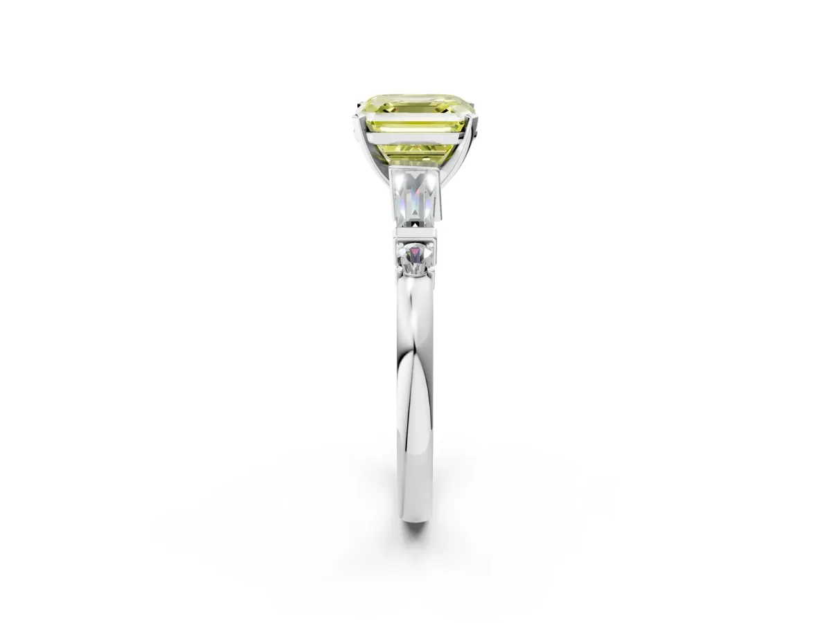 Fancy Yellow Asscher Cut Cut Diamond Ring with Baguette Side Stones, Channel Set Band, and Four-Prong Setting Platinum