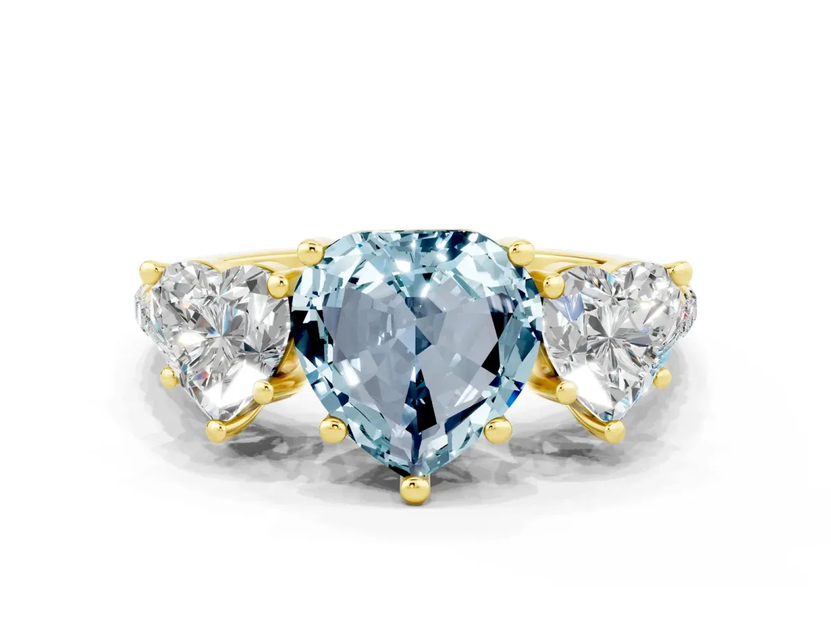 Three-Stone Heart Cut Aquamarine Ring with Round Pavé Band and Prong Setting Yellow gold