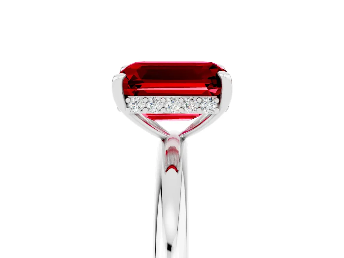 Emerald Cut Ruby Solitaire Ring with Thin Band and Four-Prong Setting White gold